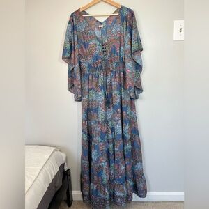 Anthropologie Boemo Blue Paisley Boho Kimono Sleeve Maxi Dress Women’s Medium